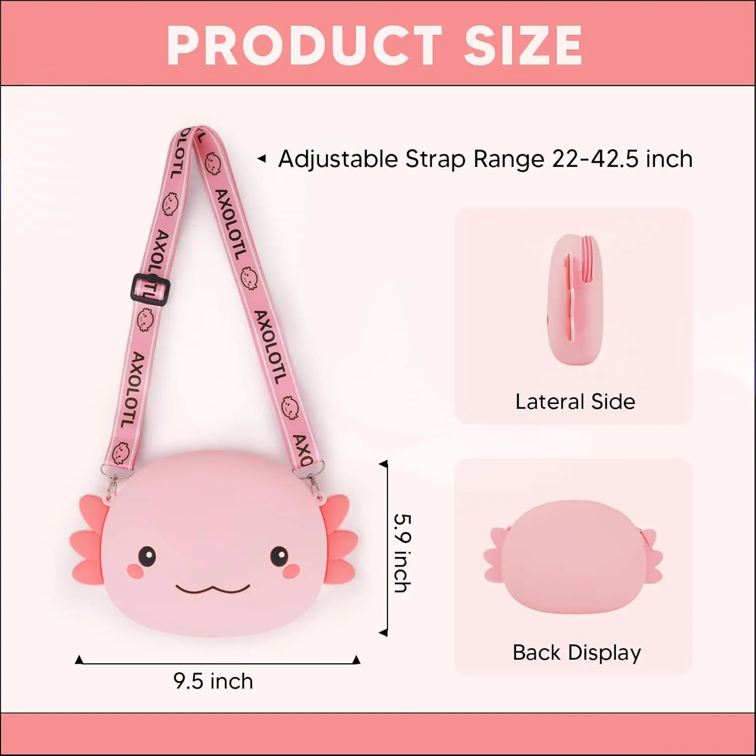 Axolotl Crossbody Bag Adjustable Shoulder Strap, Cute Axolotl Gifts Girls Wallet Coin Purse Large Anime Handbag with Zipper