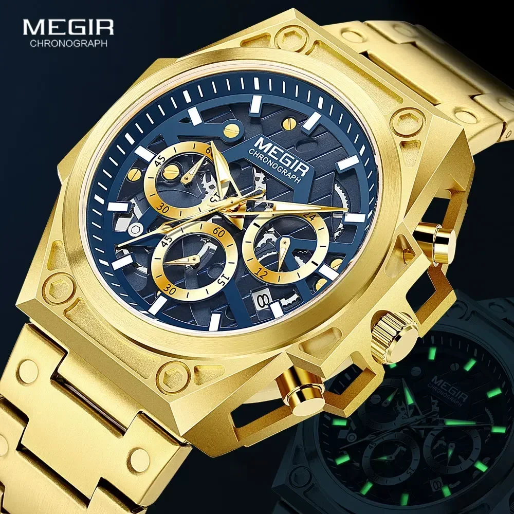 MEGIR Gouden Horloge voor Mannen Rvs Chronograaf Polshorloge Man Luxe Lichtgevende Quartz Horloges relogio masculino часы reloj