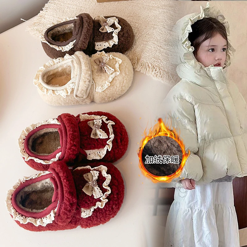 

Children's Cotton Shoes Fashionable New Style Girls' Flat Shoes Lace Bow Decoration Comfortable Soft Soled Boys' Cotton Shoes