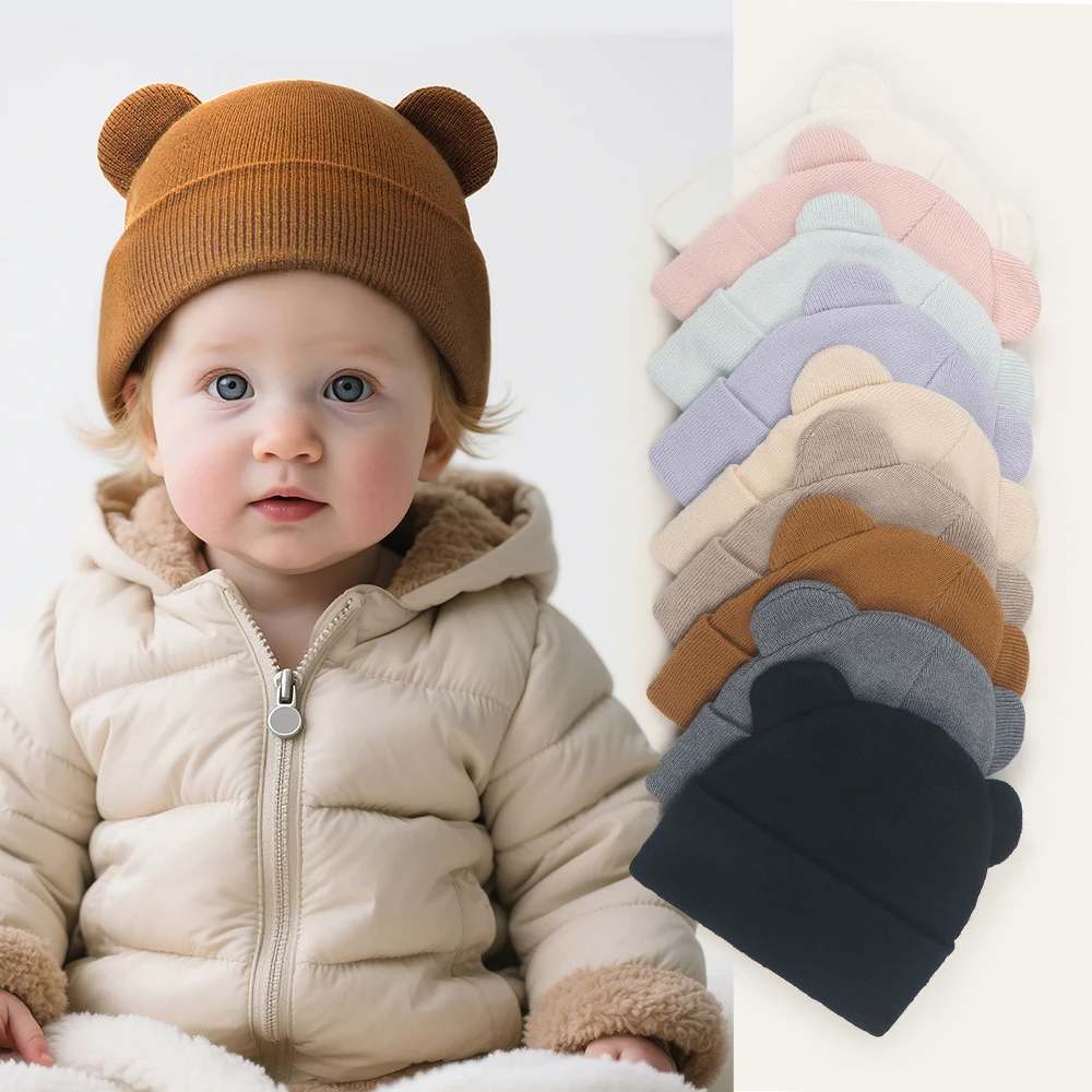 

Вязаная шапка для маленьких детей от 0 до 3 лет, зимняя теплая шапка с милыми медвежьими ушками, мультяшная вязаная шапка B reklam Kids, однотонные лыжные шапки, вязаные шапки для новорожденных