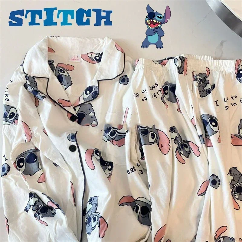 Disney Stitch Women's Pajamas Autumn Winter S-2XL Clothes Ladies Home Wear Suit Pajamas Print Japanese Sleep Tops Leisure Wear