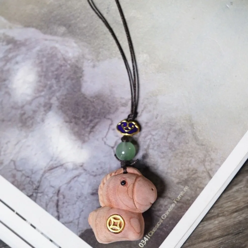Becoming Rich Zodiac Horse Key Chain Sandalwood Handmade Rope Bag Pendant Lanyard Cartoon Chinese Style Key Ring Unisex