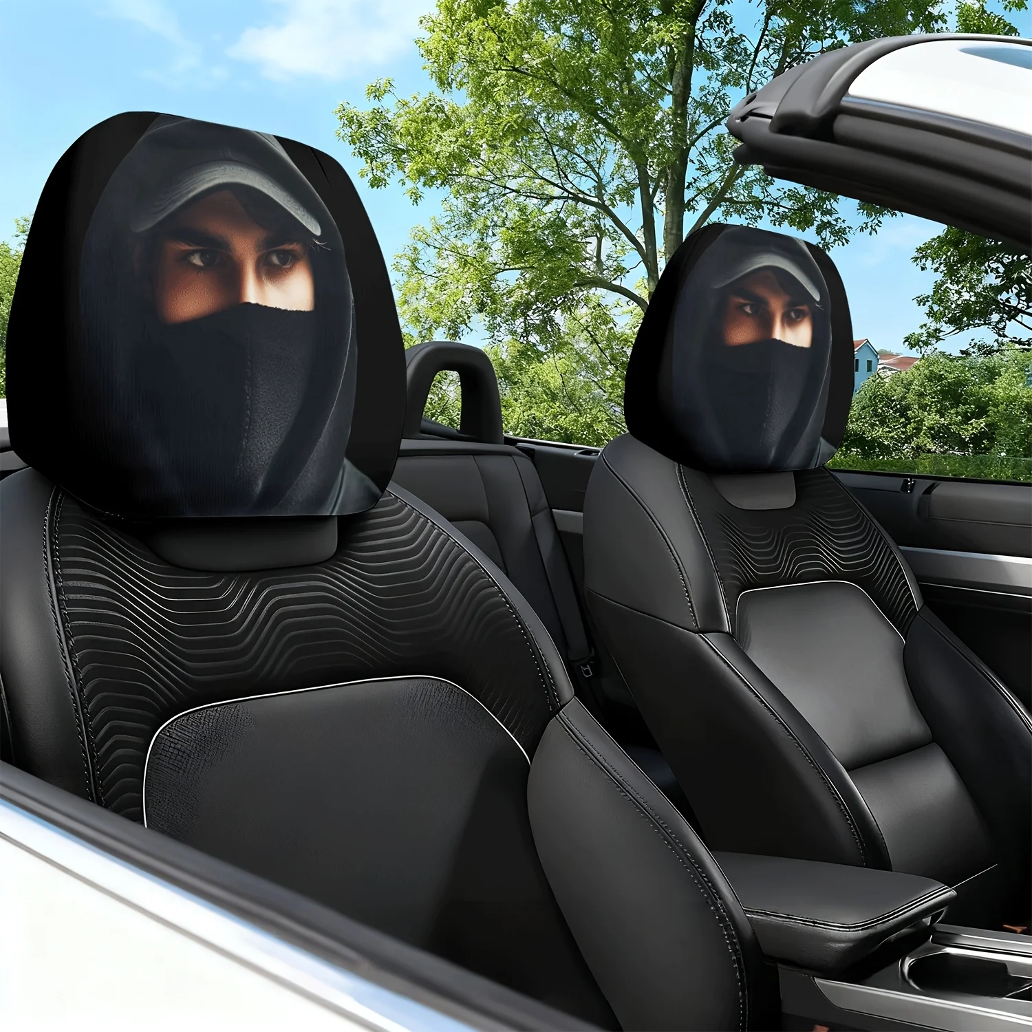 2pcs Hooded Masked Person Theme Printed Car Headrest Covers | Easy-to-Install,   Fun Car Decorations for All Seasons