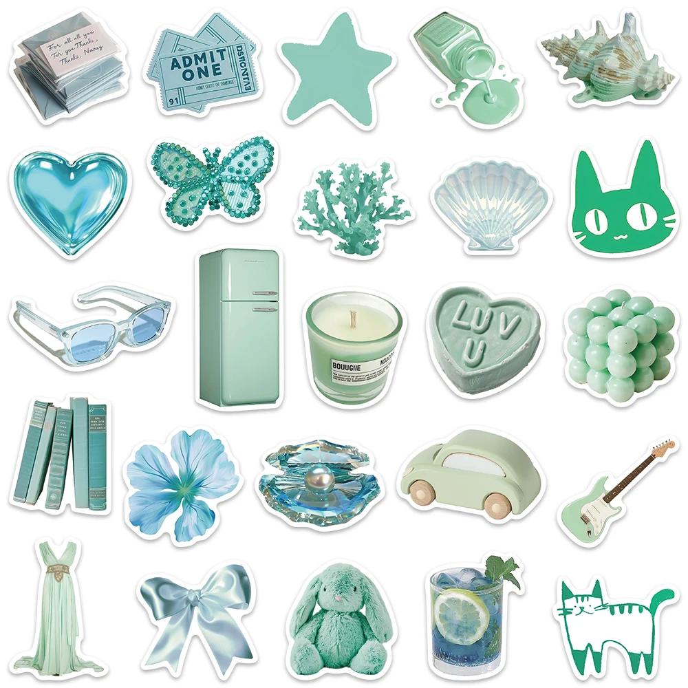 50pcs Water Bottle Stickers Ins Style Mint Green Aesthetic Art Stickers For Laptop Luggage Guitar Phone Waterproof Vinyl Decals