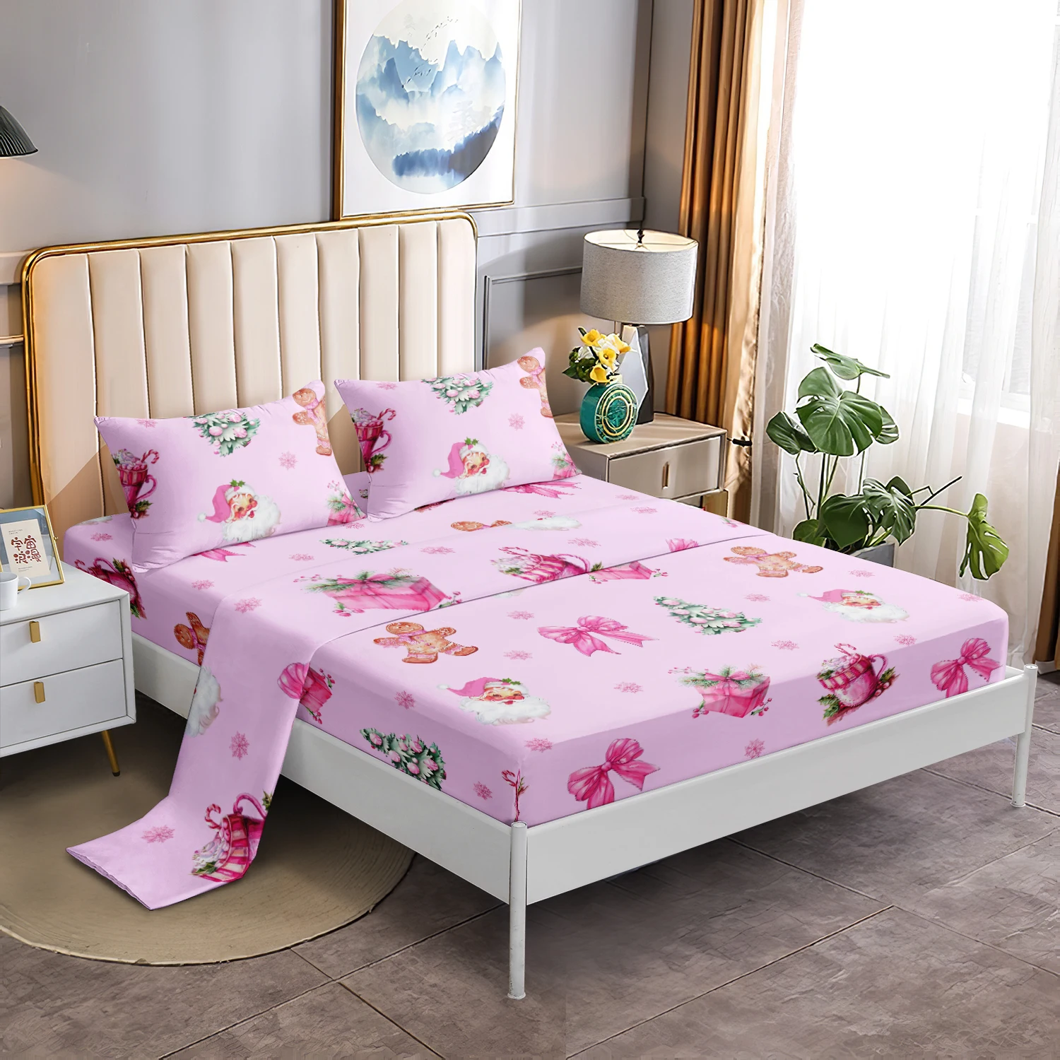 4pcs Sweet Pink Christmas Sheet Bedding Set,Pastel Pink Pink Santa Gingerbread Bows Coquette Holiday Flat Sheet Fitted Sheet Set
