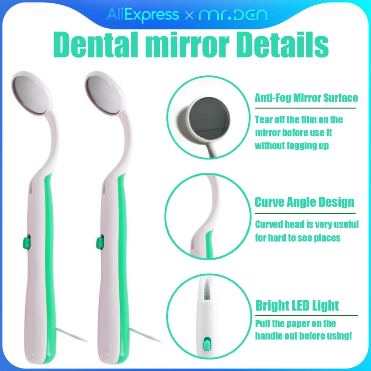 

MR DEN Стоматологическое зеркало с подсветкой, зеркало для осмотра зубов со светодиодной подсветкой, противотуманное, изогнутое, угловое, стоматологическое, инструмент для ухода за полостью рта