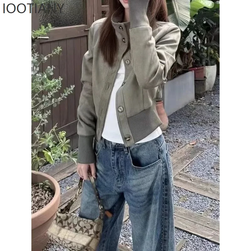 

New Vintage Teal-green Streetwear-inspired Women's Casual Jacket Versatile Slim-fit Fashion Stand Collar Suede Jacket 2026
