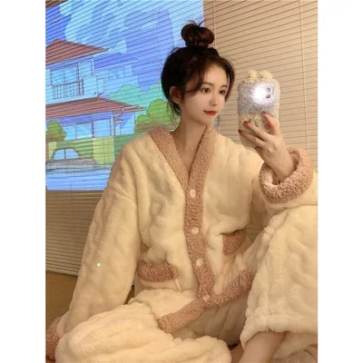 Coral Fleece Pajamas Women New Autumn and Winter 2024 Thickened Fleece-lined Graceful Couple Online Celebri Home Wear Set