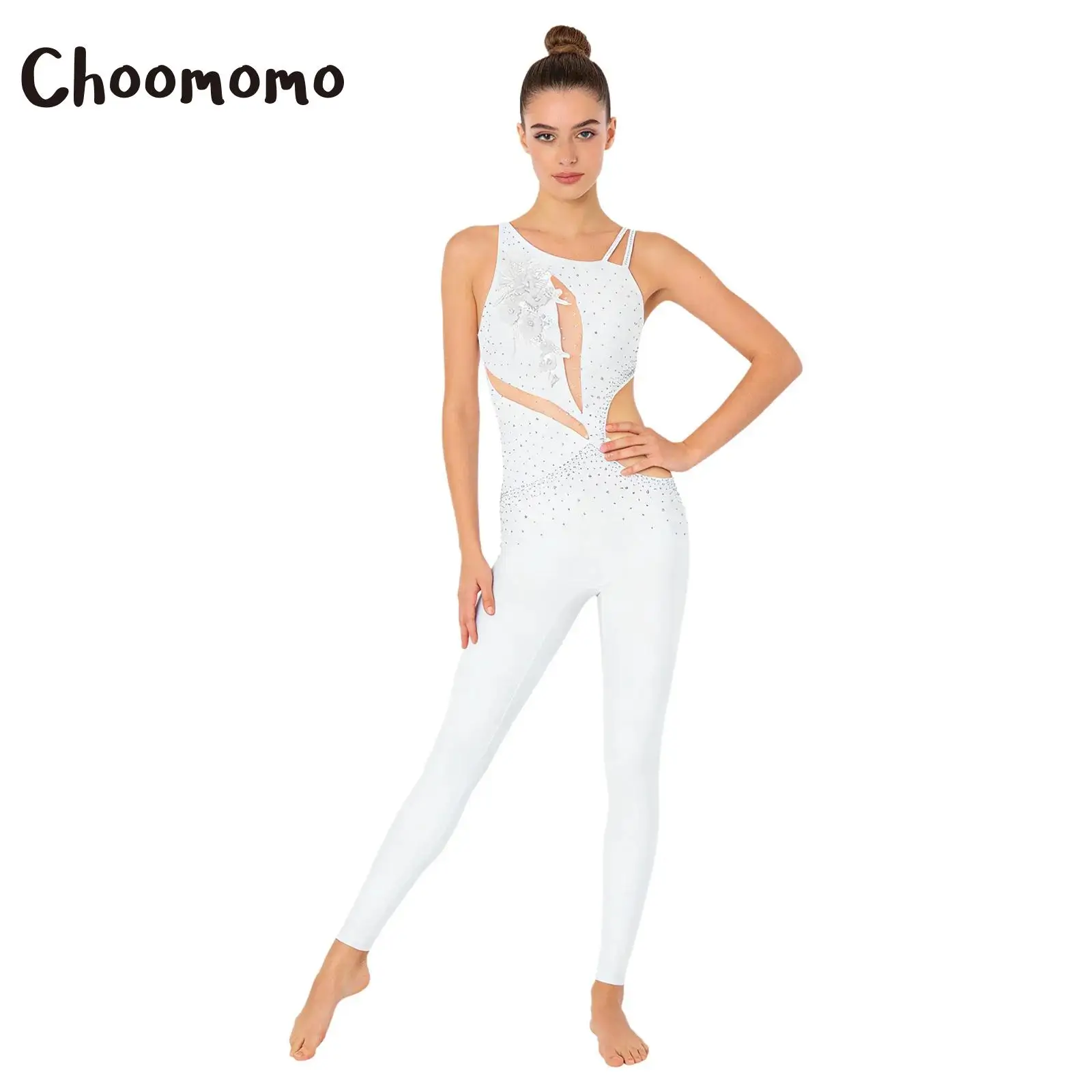 

Womens Rhinestone Gymnastics Unitard Bodysuit Embroidery Applique Asymmetrical Shoulder Backless Legging Ballet Skating Jumpsuit