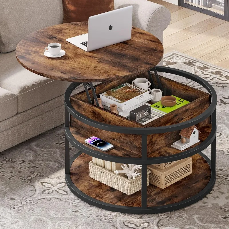 Round Coffee Tables for Living Room,Lift Top Coffee Table with Storage, Farmhouse Wood Coffee Table,Circle Coffee Tables