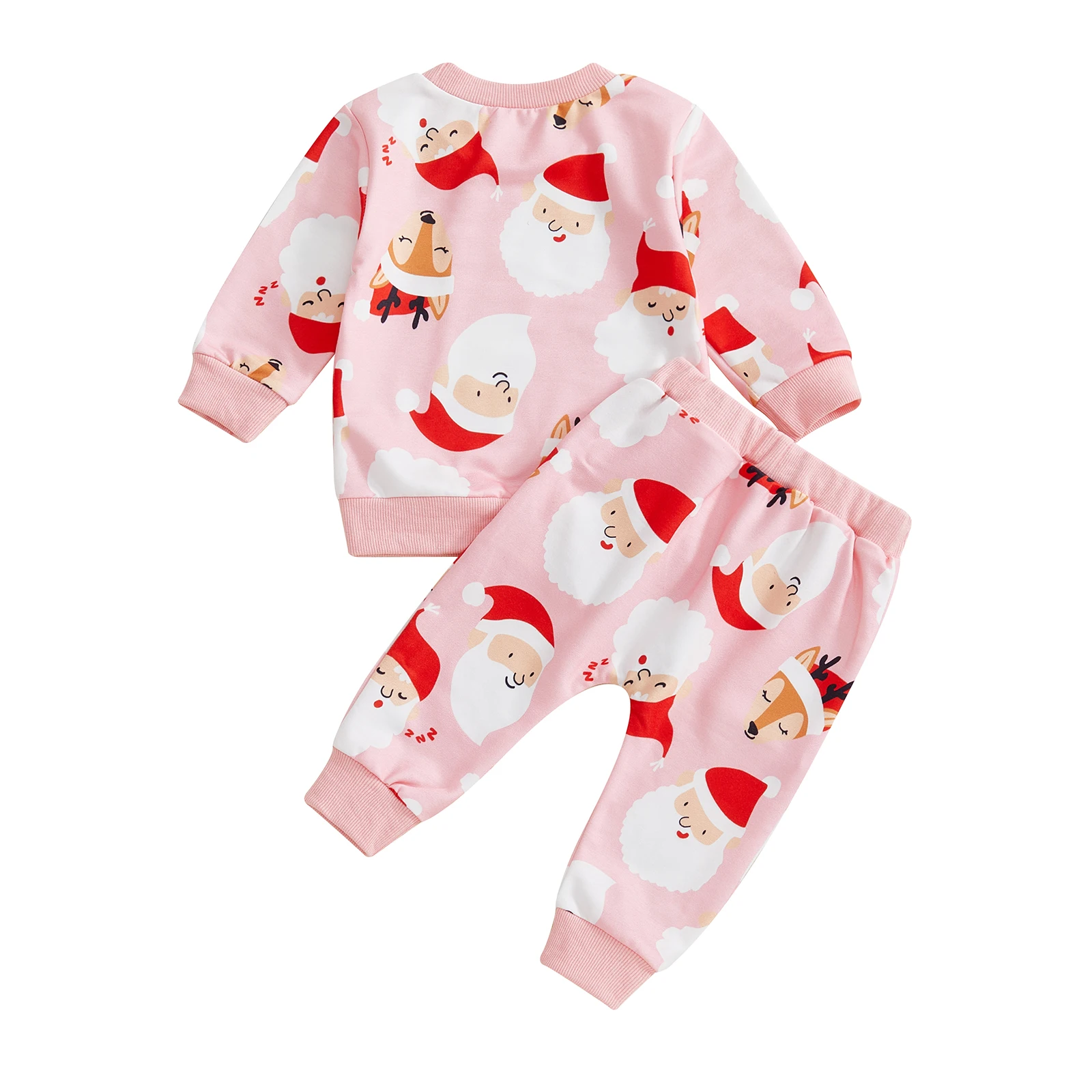 2026 السنة الجديدة طفل فتاة ملابس عيد الميلاد سانتا/القوس طباعة كم طويل الرقبة المستديرة البلوز مرونة الخصر السراويل الطويلة 2 قطعة مجموعة