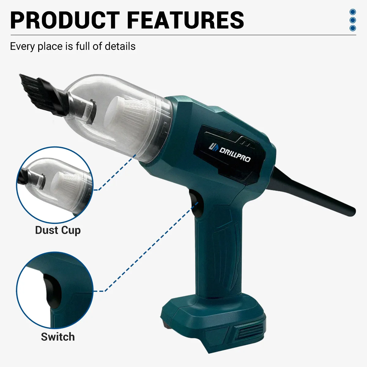 Imagem -02 - Drillpro Electric Aspirador sem Fios sem Fios Casa Carro Dupla Utilização Portátil Alta Potência Limpeza para Makita Bateria 18v