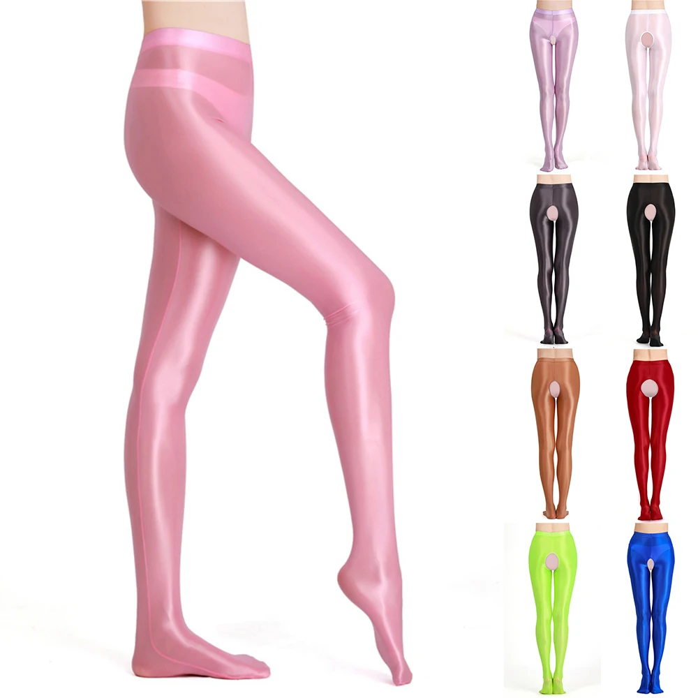 Women Mens Glossy Crotchless Pantyhose Stockings Stain Stretchy Dance Lingerie Oil Shiny Open-Crotch Stocking Smoothly Tights