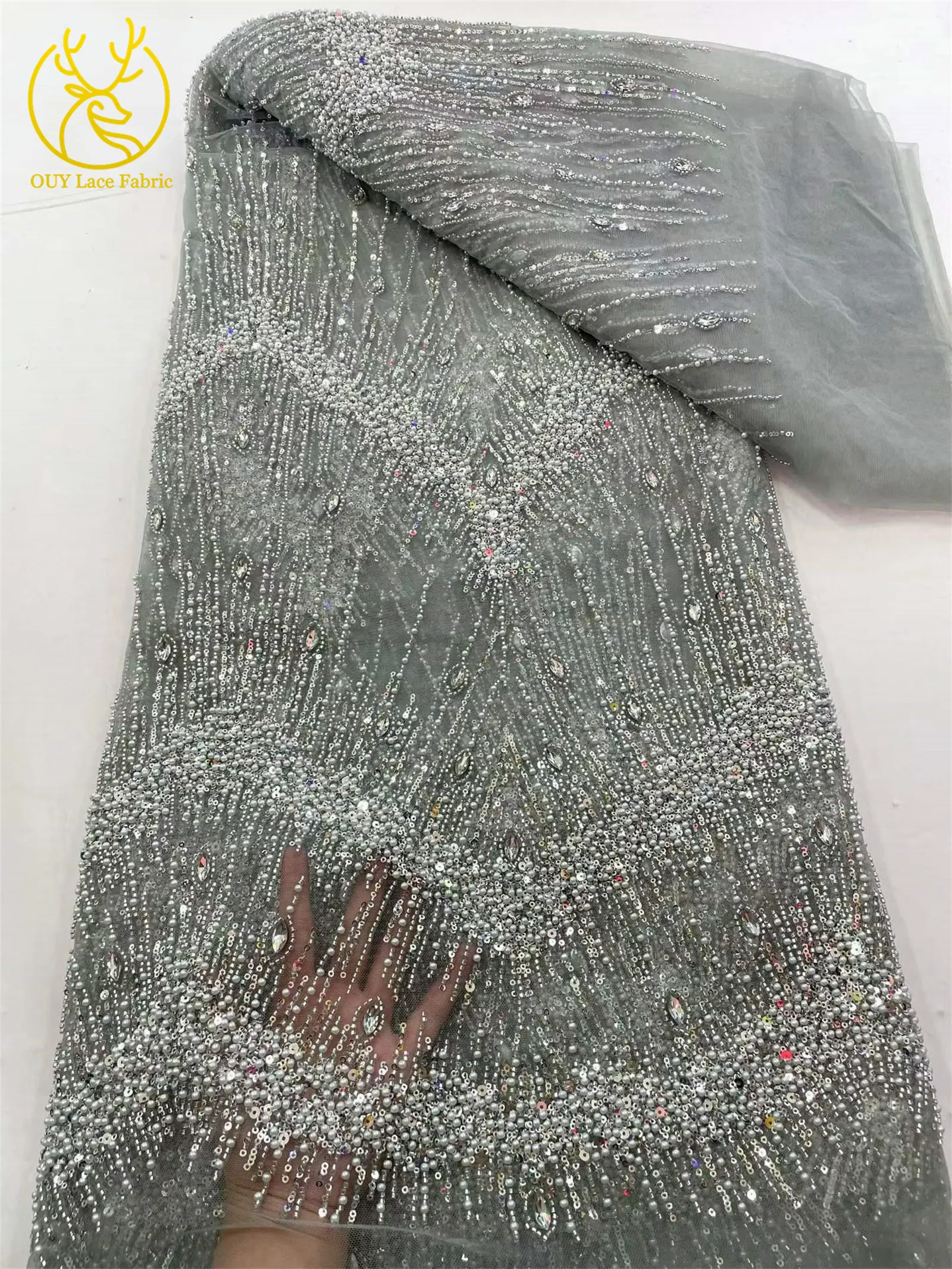 Rosa Hochzeitskleid, afrikanischer Pailletten-Spitzenstoff, 5 Yards, neuer französischer Stein-Pailletten-Tüll-Spitzenstoff für nigerianisches Hochzeitskleid – Detail 15