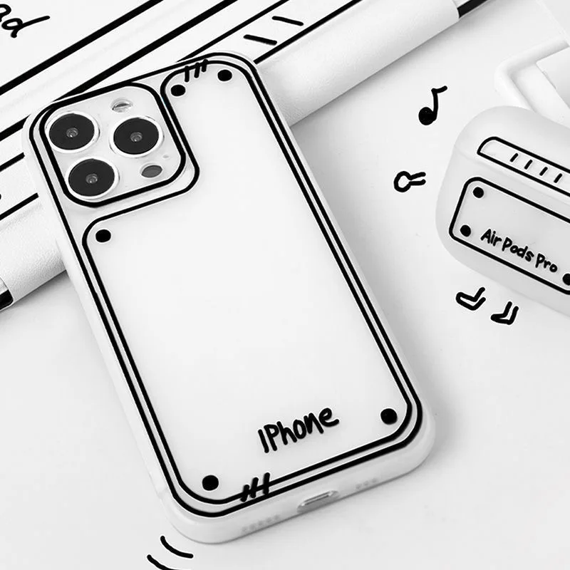 Fashion Simple Matte Texture Hand Drawn Lines Mobile Phone Case For IPhone11 12 13 13Pro 13ProMax 14 14Pro 14ProMax 15 15ProMax