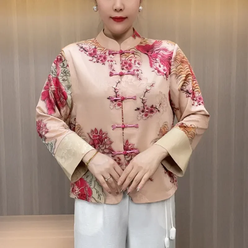 

Stand collar ethnic style button Chinese style long sleeve fashion pullover ladies top