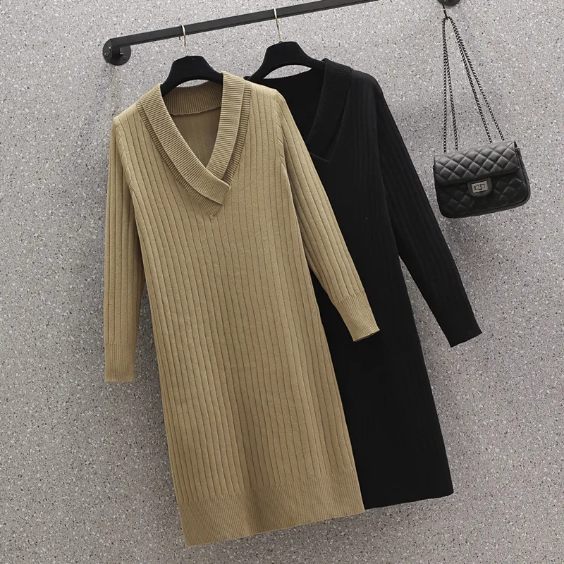 

Fashion Sexy Short Women Autumn Winter Dress V Neck Thick Ribbed Party Kintting Dress Soft Warm lady Loose 4XL Sweater Dress