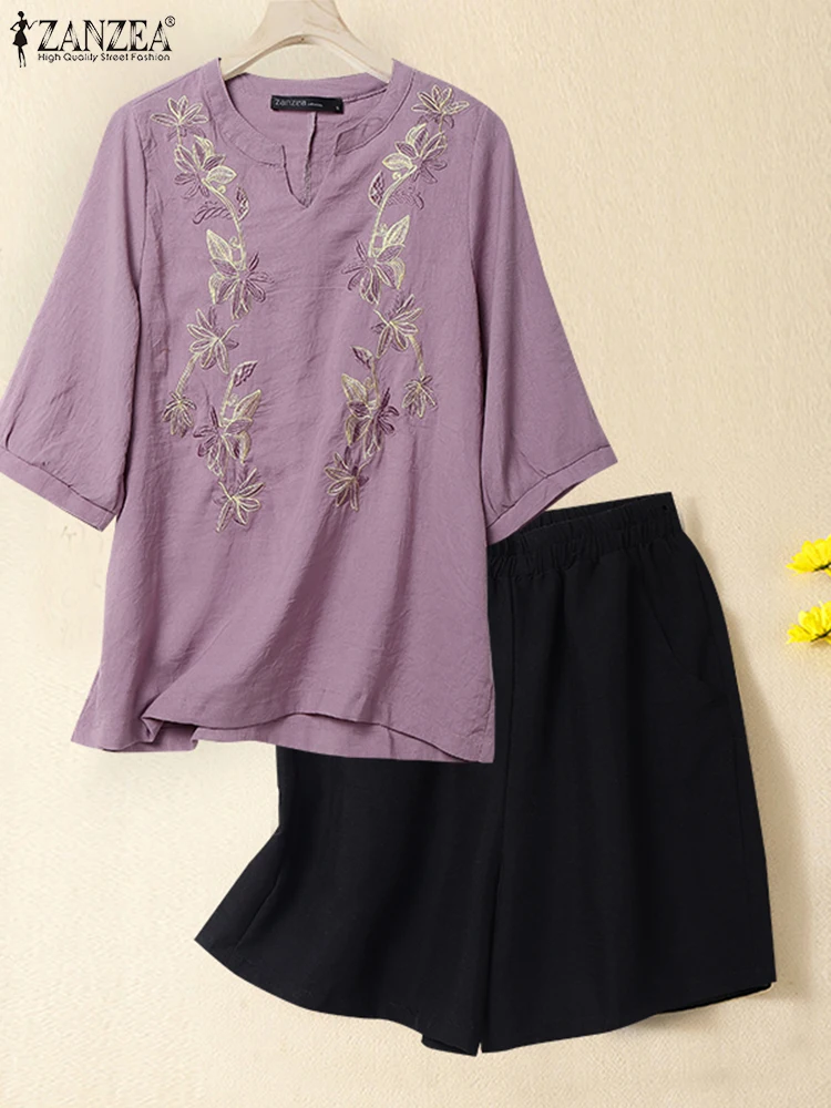 

ZANZEA 2PCS Women Short Sets Vintage Embroidery Two-piece Outfits 2025 Summer Fashion 3/4 Sleeve V-Neck Tops and Solid Shorts