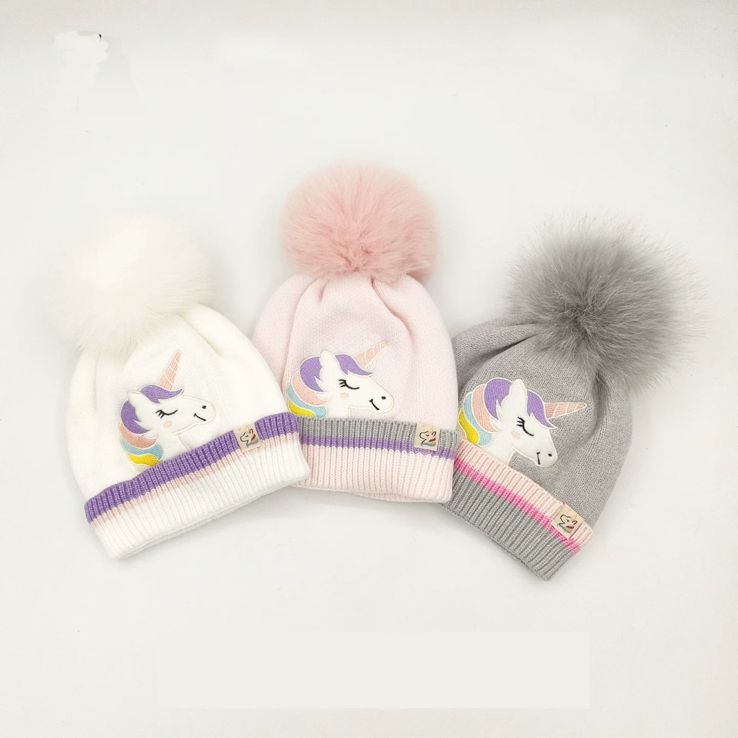 Children's Winter Caps & Snood Set for Girl Cartoon Unicorn Warm Cute Knitted Beanies with Linning Pompom Scarf for Kids 2-6Y
