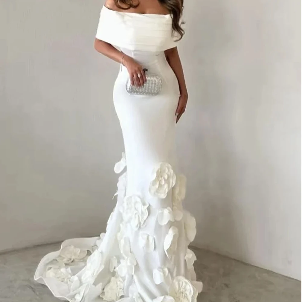 

Customized Exquisite White Jersey 3D Flowers Evening Dress Mermaid Off the Shoulder with Sleeveless Sweep Train Homecoming Gowns