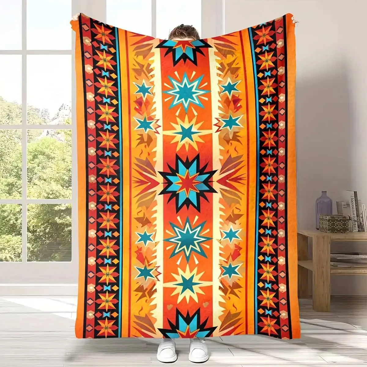 Warm Sunset Tone Ethnic Multi-Star Stripe Retro Pattern Soft Blanket Fit Living Room Bed Travel Multi-scene Home Daily Use