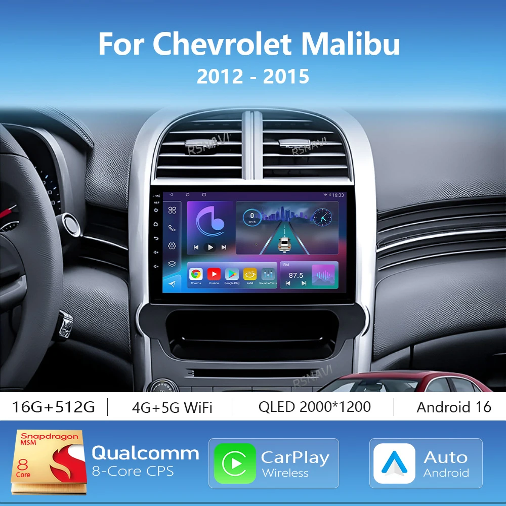 Radio Multimedia para Auto con Android 16 para Chevrolet Malibu 2012-2015, Reproductor de Auto con Carplay, Autoradio DSP, GPS, Estéreo, WIFI, Unidad Principal 2Din
