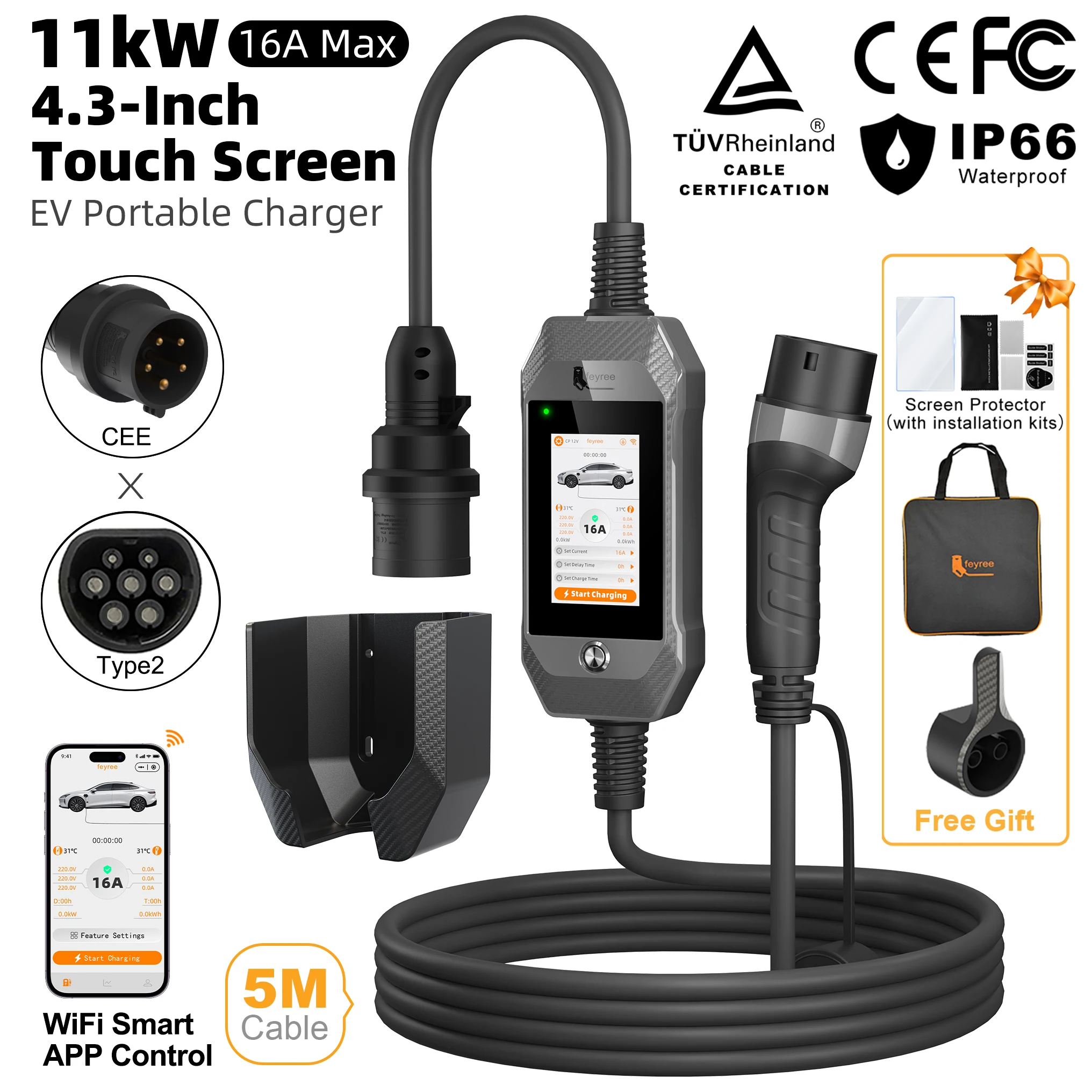Feyree EV-lader Type 2 11kW 16A 3-fasig Smart WIFI APP-besturing Touchscreen 4,3 inch EVSE draagbare oplaadbox voor autolader