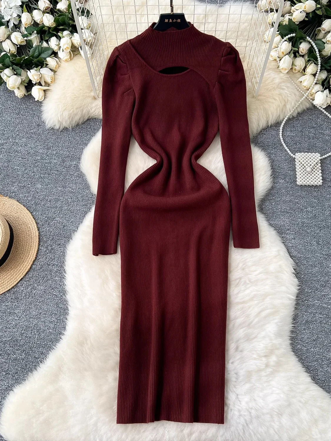 ผู้หญิงฤดูหนาวถักชุดยาว Vintage ครึ่งคอ Hollow Out แขนยาว Slim Vestidos หญิง Casual Robe ใหม่แฟชั่น