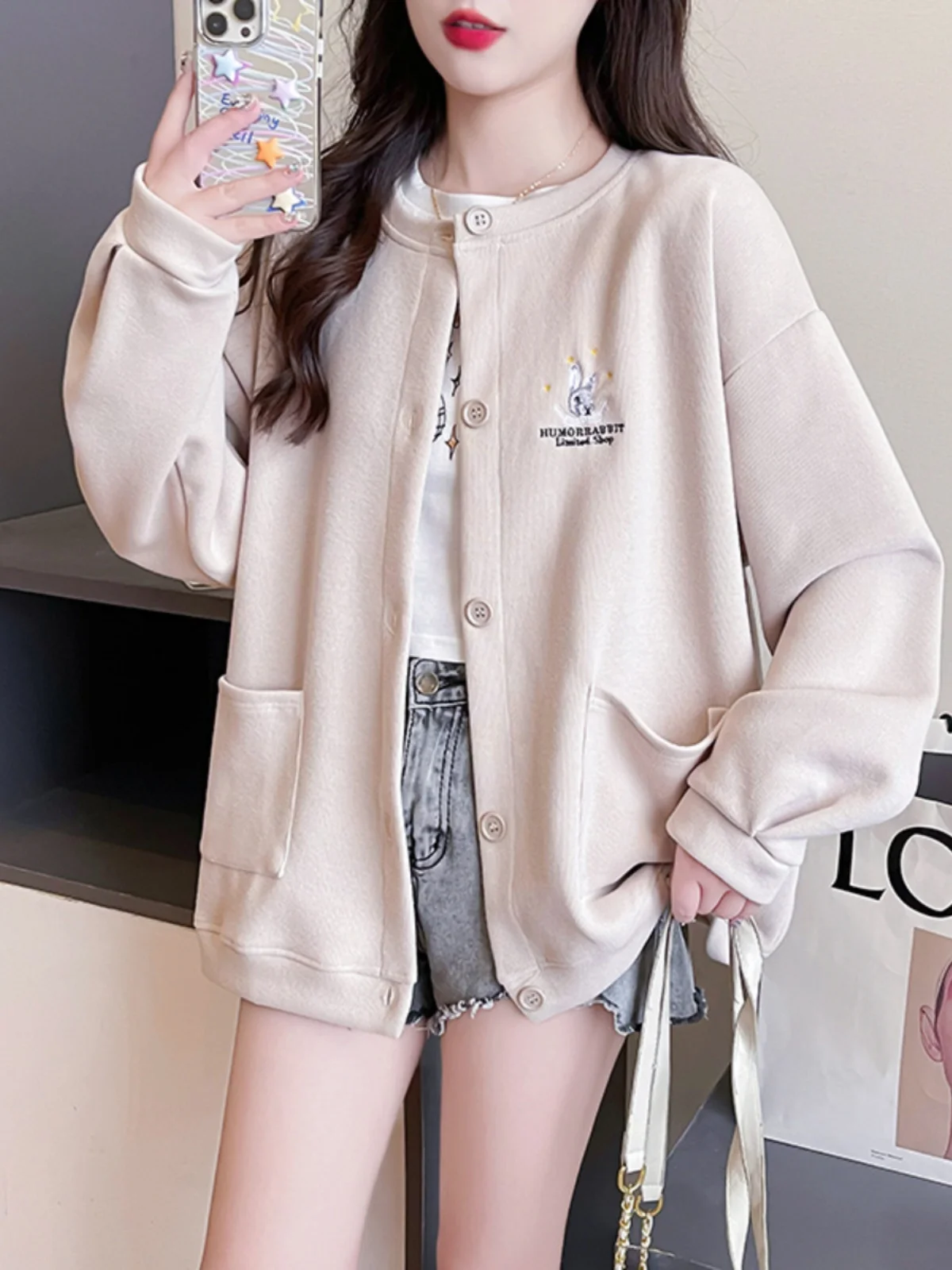 

Baseball Jackets In Pink With White Womens Fall Lining Round-Neck Buckle Casual Bombers College Wicking Splashproof Canvas Retro