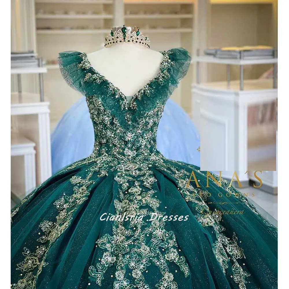 Hunter Green-vestido de quinceañera sin mangas, traje de baile con volantes y hombros descubiertos, apliques champán, dulce 16, fiesta de graduación