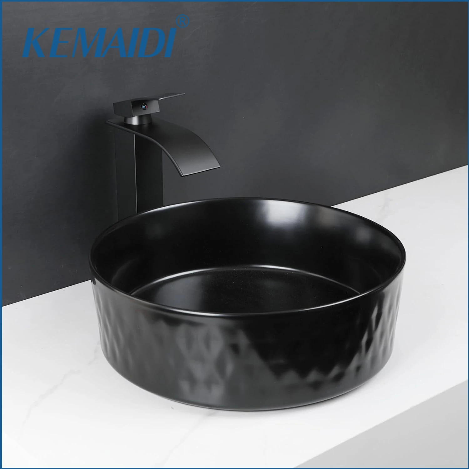 KEMAIDI Ceramic Vessel Sink with Waterfall Faucet Combo Diamond Pattern Bathroom Sink Above Counter Artistic Vessel Sink Bowl