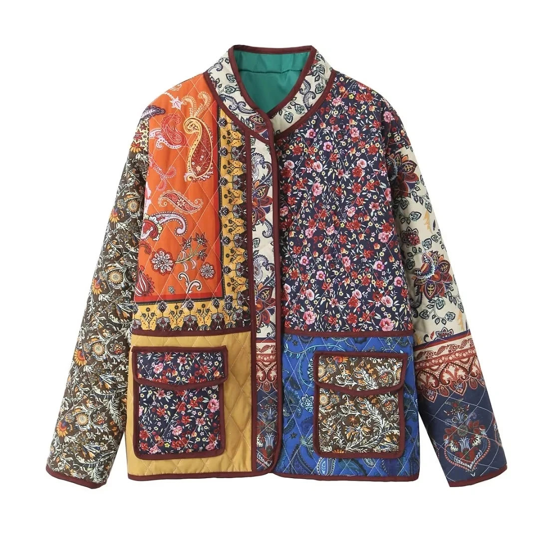 

Colorful padded Print Jackets For Women Quilted Demi-Season Loose 2023 New Coat Patchwork Fashion Vintage Stylish Classic Casual