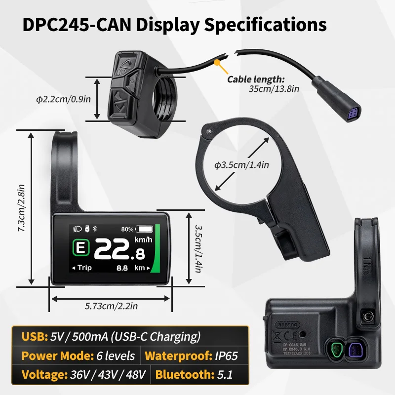شاشة Bafang DPC245 TFT LCD يمكن 0–6 أوضاع مساعدة لمحرك Bafang متوسط المحرك M510 M600 M560 M420 بلوتوث 5.1 عداد السرعة