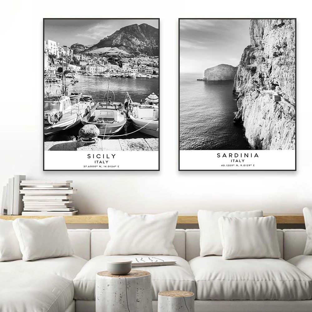 Black and White Sardinia Island Wall Art Poster Travel Poster Minimalist Sardinia Italy Print landscape Canvas Painting Decor