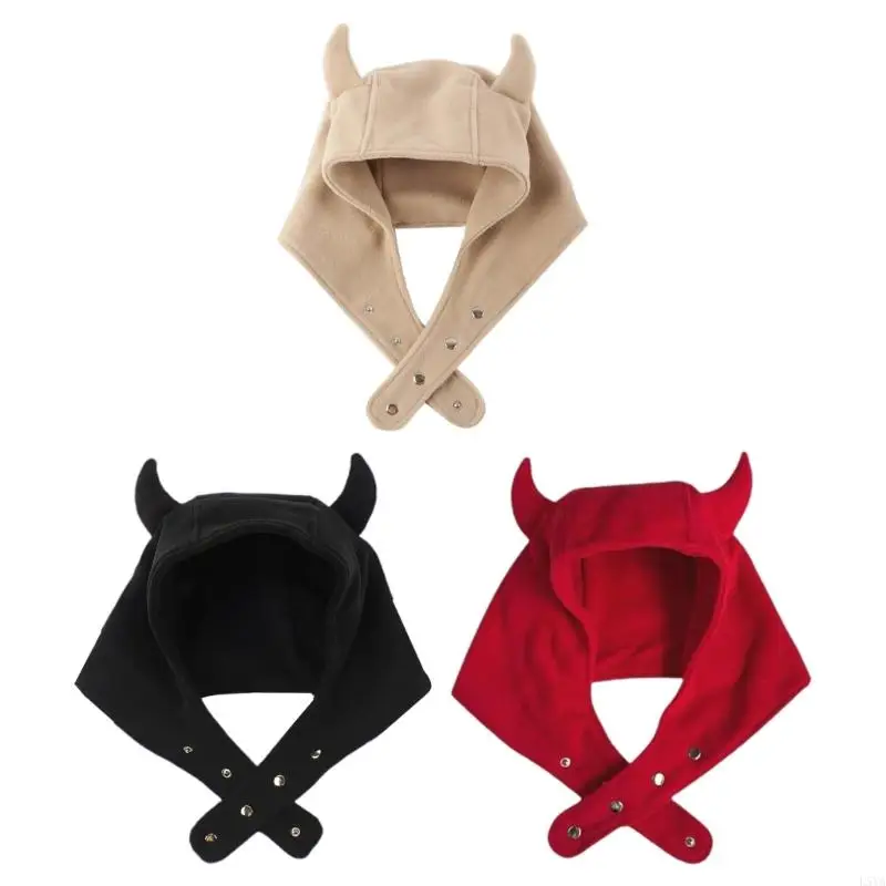 

L5YA Gothic Ox Horn Winter Hat Solid Color Polyester Hats for Adult Fleece Ear Protects Hats Women Shopping Daily Wear