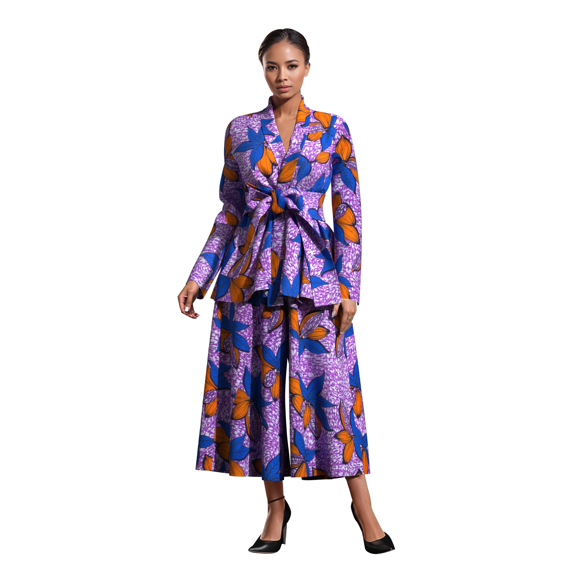 New African Print Ladies 2Pcs Outfit, Tie Waist Peplum Top & Wide Leg Trousers, Multi Occasion, Assorted Prints  WY10848