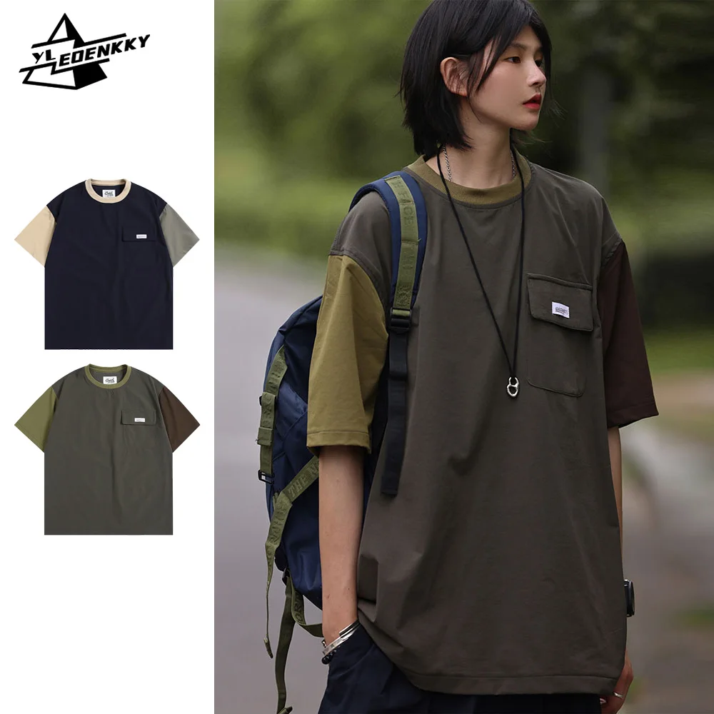 

Japanese Crewneck T-shirt Men Women Contrast Stitching Pocket Half-sleeve Tops Summer City Boy Loose Casual Couple Unisex Tees