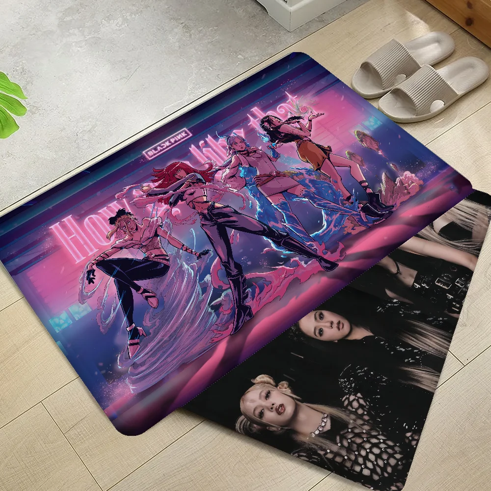 

B-BLACK-pink Kpop Floor Mat Bathroom Mat Anti-slip Absorb Water Long Strip Cushion Bedroon Mat Welcome Doormat