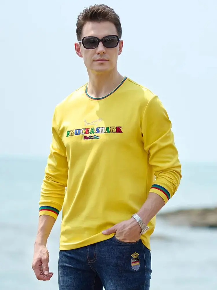 2023 Autumn New Thick Men's Yellow T Shirts Round Neck Bruce&Shark Spring Casual Long Sleeves Fashion Embroidery Big Size 4XL