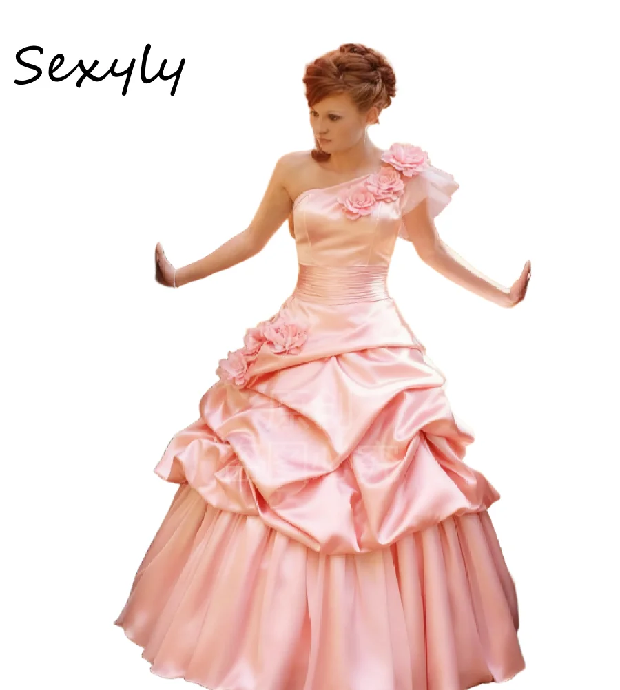 80s Themed Pink Gothic Wedding Dress One Shoulder Satin Victorian Bridal Dress 2025 Florals Renaissance 1800s Bride Dress Celtic