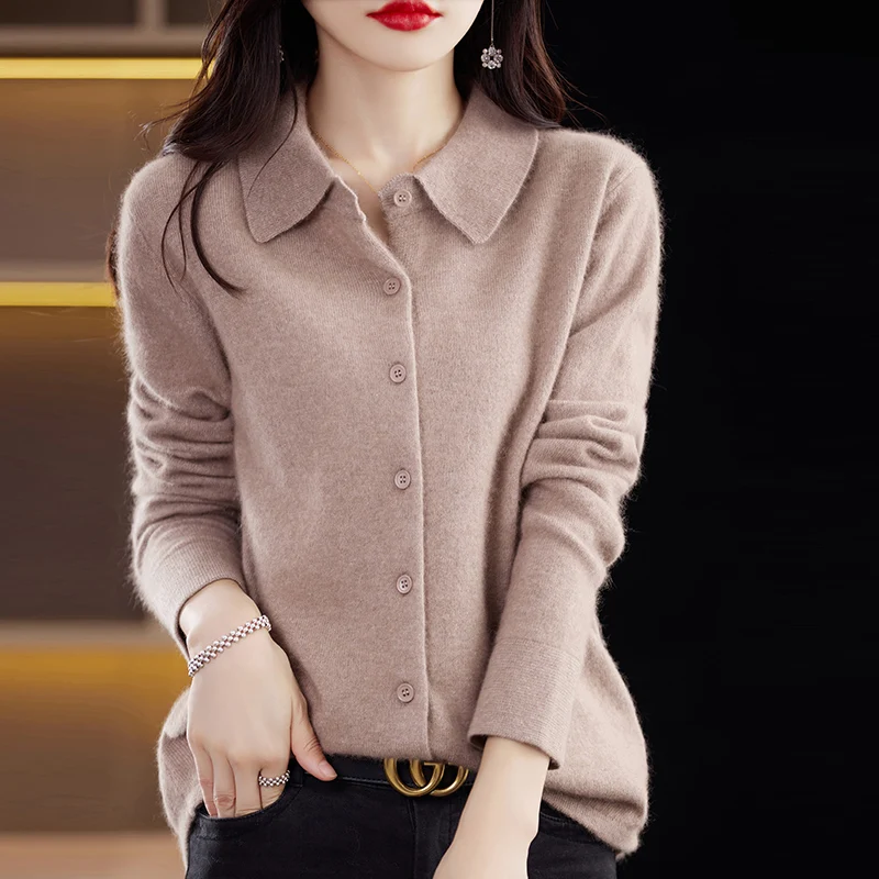 100% Mink Cashmere Sweater Women\'s Clothing New Top PoLo Collar Knitted Cardigan Autumn Winter Warm Jacket Casual Long Sleeved