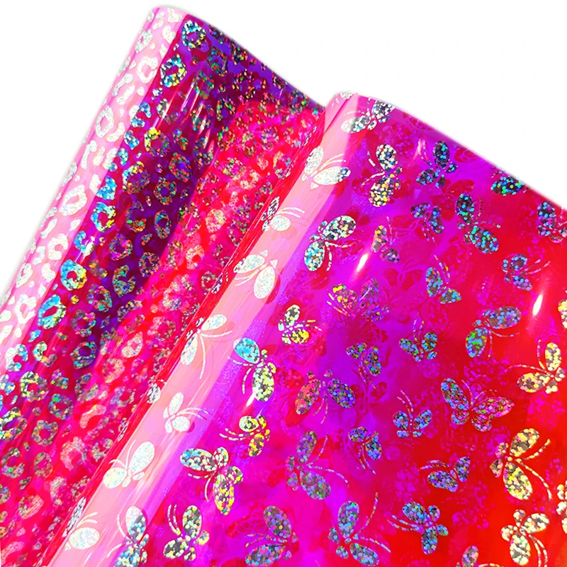 Holographic PVC Clear Vinyl Fabric Laser Printed Faux Leather Sheets for Bows Arts Crafts DIY Sewing Materials waterproof bags