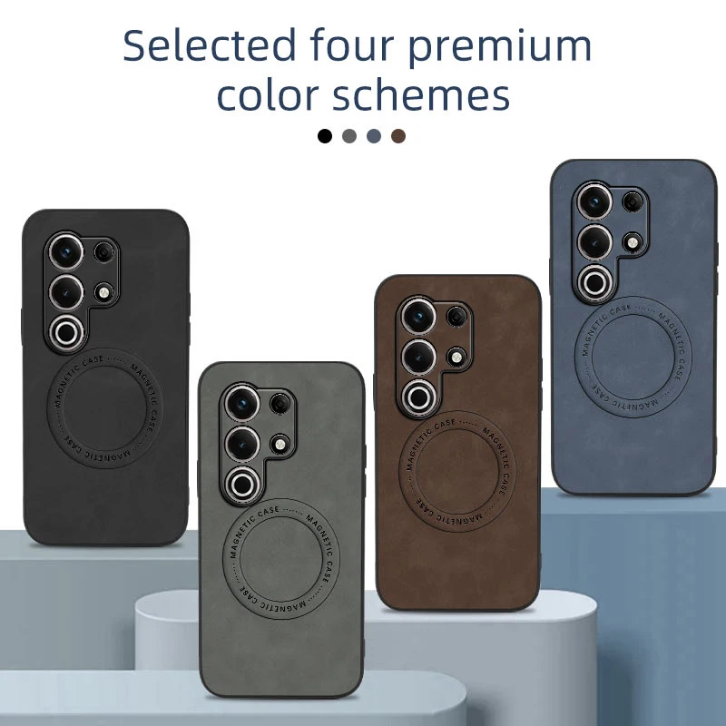 For Magsafe Matte PU Leather Case For Samsung S26 Ultra S25 FE S24 Plus S23 Luxury Retro Leather Texture Shockproof Cover