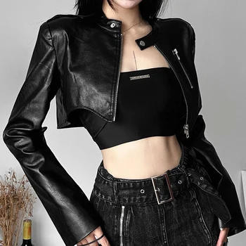 Goth Dark Zipper Cyber ​​Gothic Y2k Crop Jackets Grunge Punk Style Faux Leather Coats Women Fashion Streetwear Irregular Hem Jacket