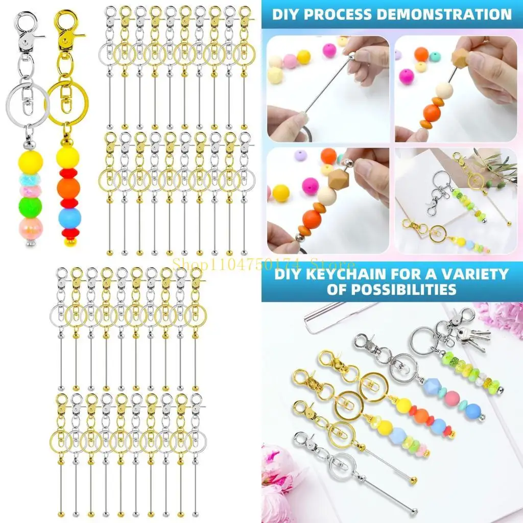 Metal Beading Keychain Set with Removable End Beads, Swiveled Lobster Clasps and Split Rings for DIY Bag Charm and Zippered Pull