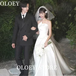 OLOEY Elegant A-line Satin Strapless korea wedding photoshoot Customized Pleat Backless Women Floor-Length Wedding Dress