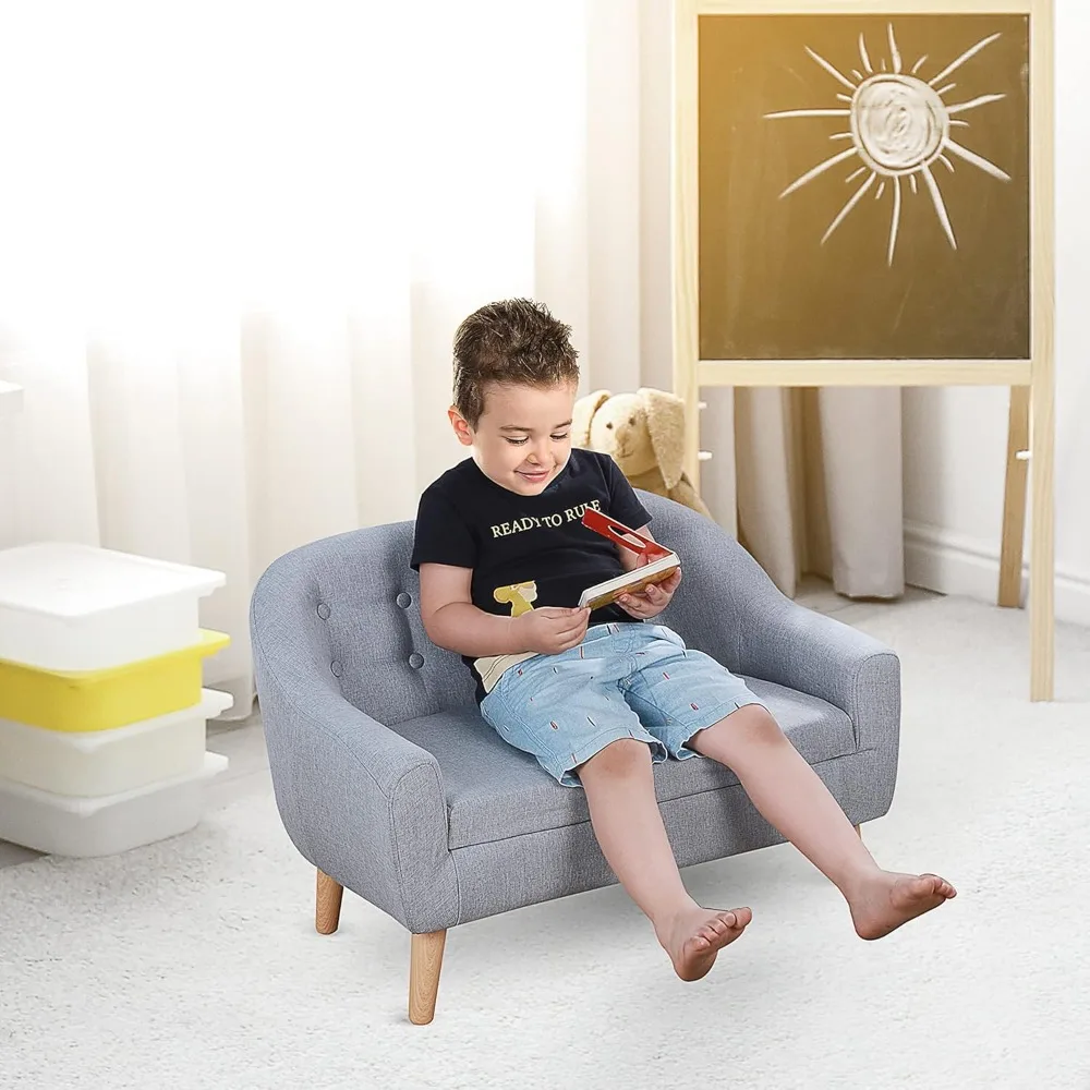 Qaba 2-Seat Kids Sofa Linen Fabric and Wooden Frame Sofa for Kids and Toddlers Ages 3-7, 11