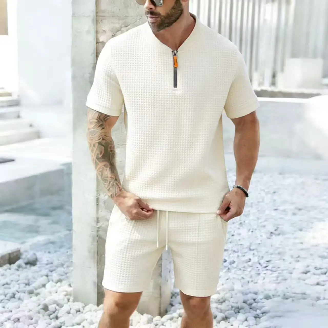 2026 European and American Men's Spring and Summer Trends Youth Outdoor Lapel Small Plaid Short Sleeve Shorts Sports Suit