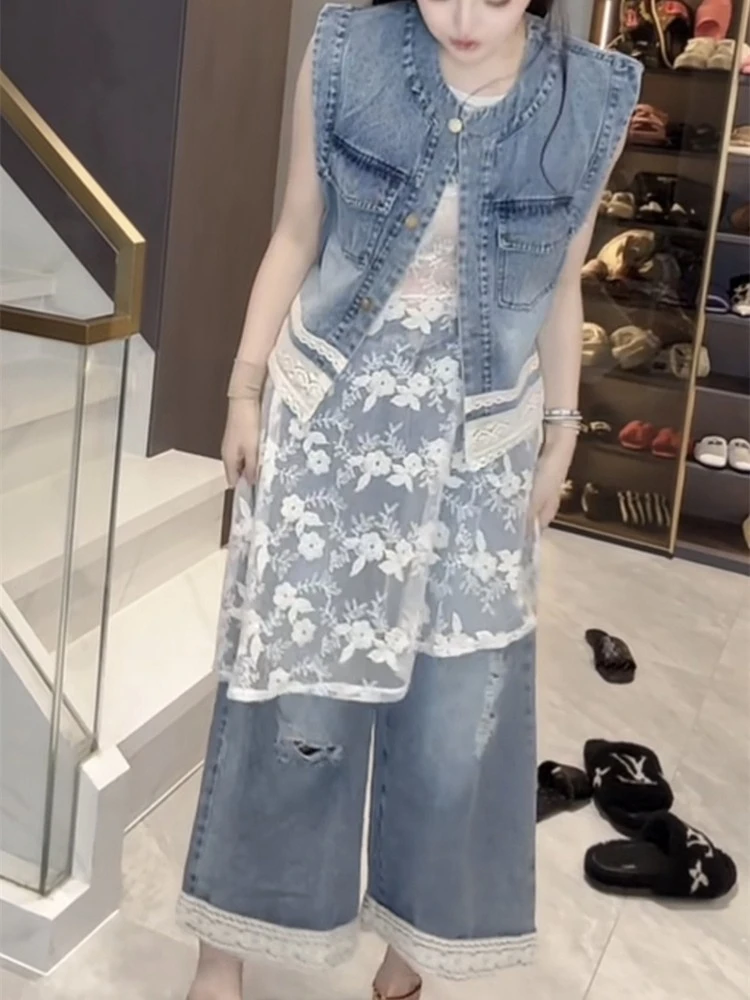 

2025 Spring/Summer New Fashionable Design Lace Cowboy Vest+Wide Leng Pants Women Elegant Temperament Two Piece Set