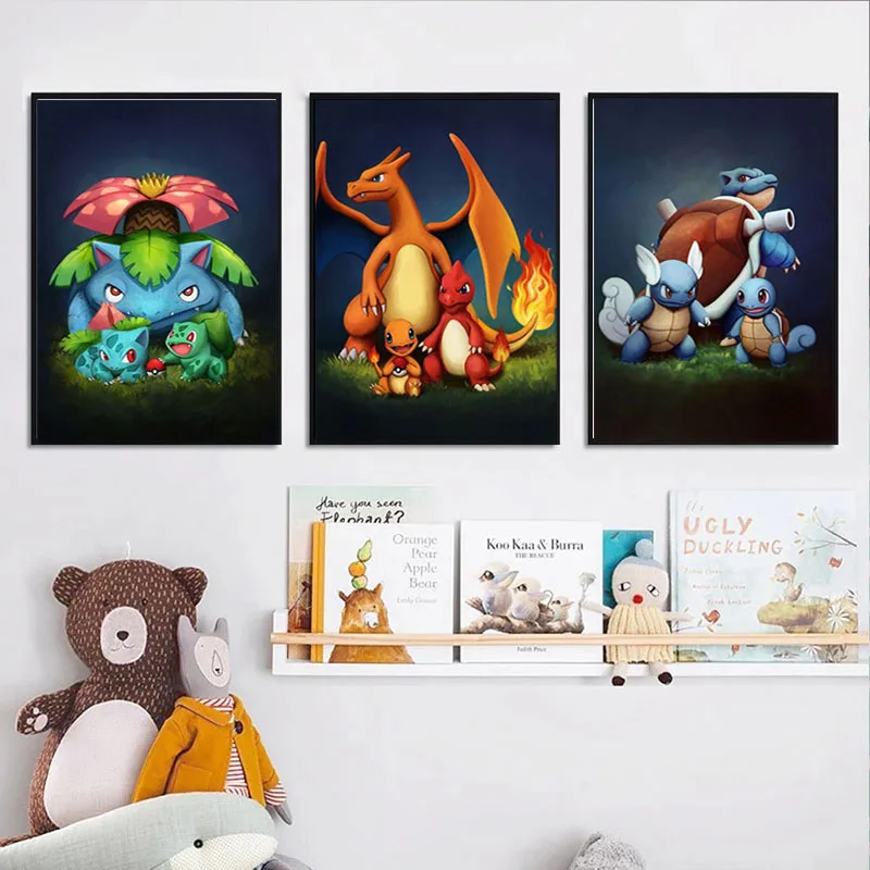 Classic Anime Pokemon Kawaii Bulbasaur Charmander Squirtl Evolution Poster Kids Bedroom Art Watercolor Pictures Canvas Painting